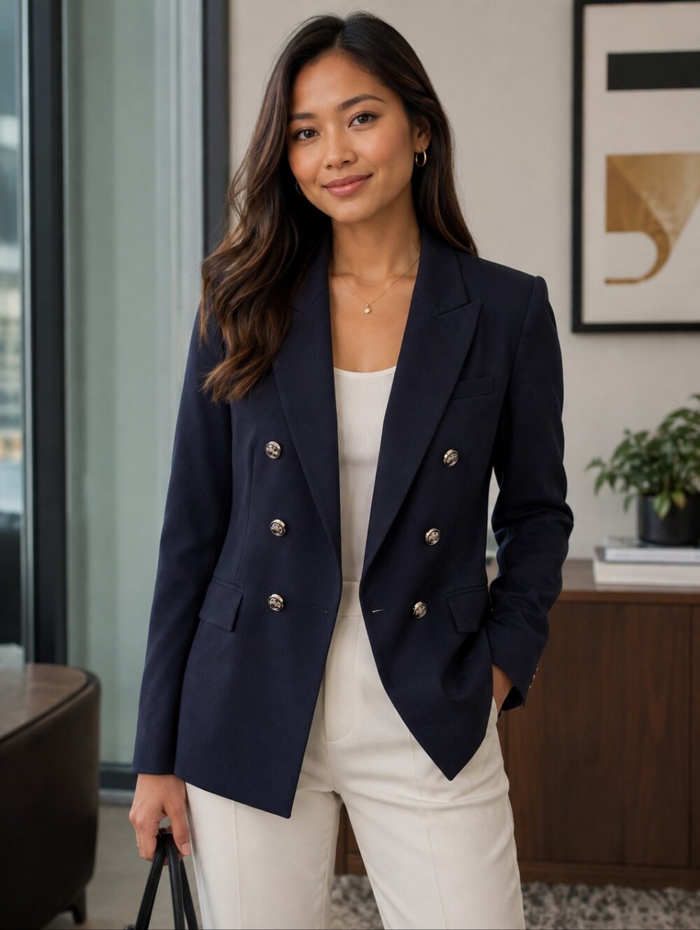 Zara Women's Double-Breasted Dark Navy Blazer With Silvertone Buttons - XL